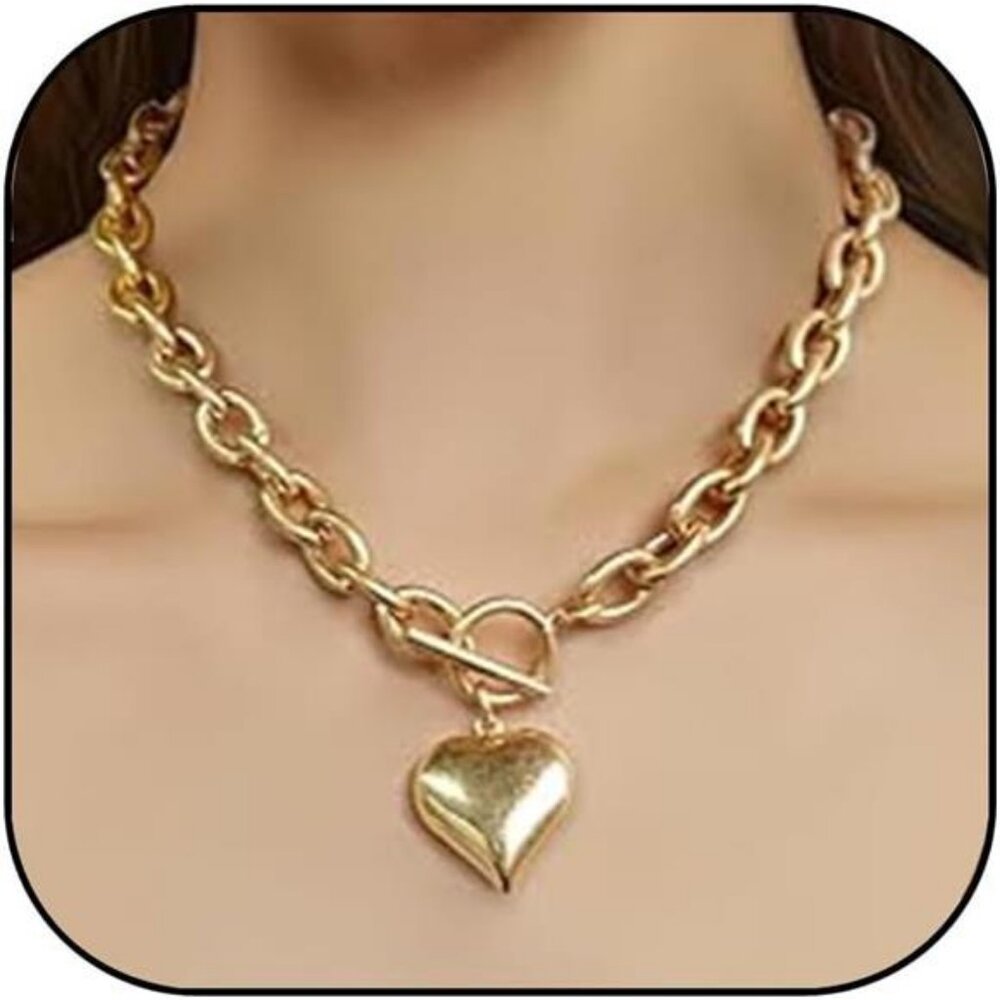 Gold Heart Chunky Necklaces for Women Gold Heart Necklace Silver Link Necklace